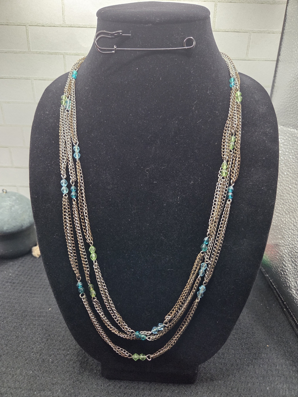 1440. Multi-Strand And Tone Chain Necklace with Blue & Green Beads